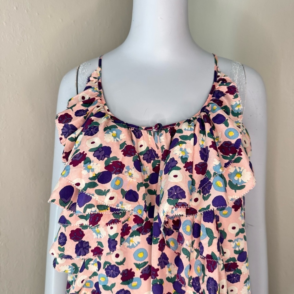 REBECCA TAYLOR 100% Silk Floral Tank Top Ruffle Pink Multicolor Size 8 - Picture 4 of 13
